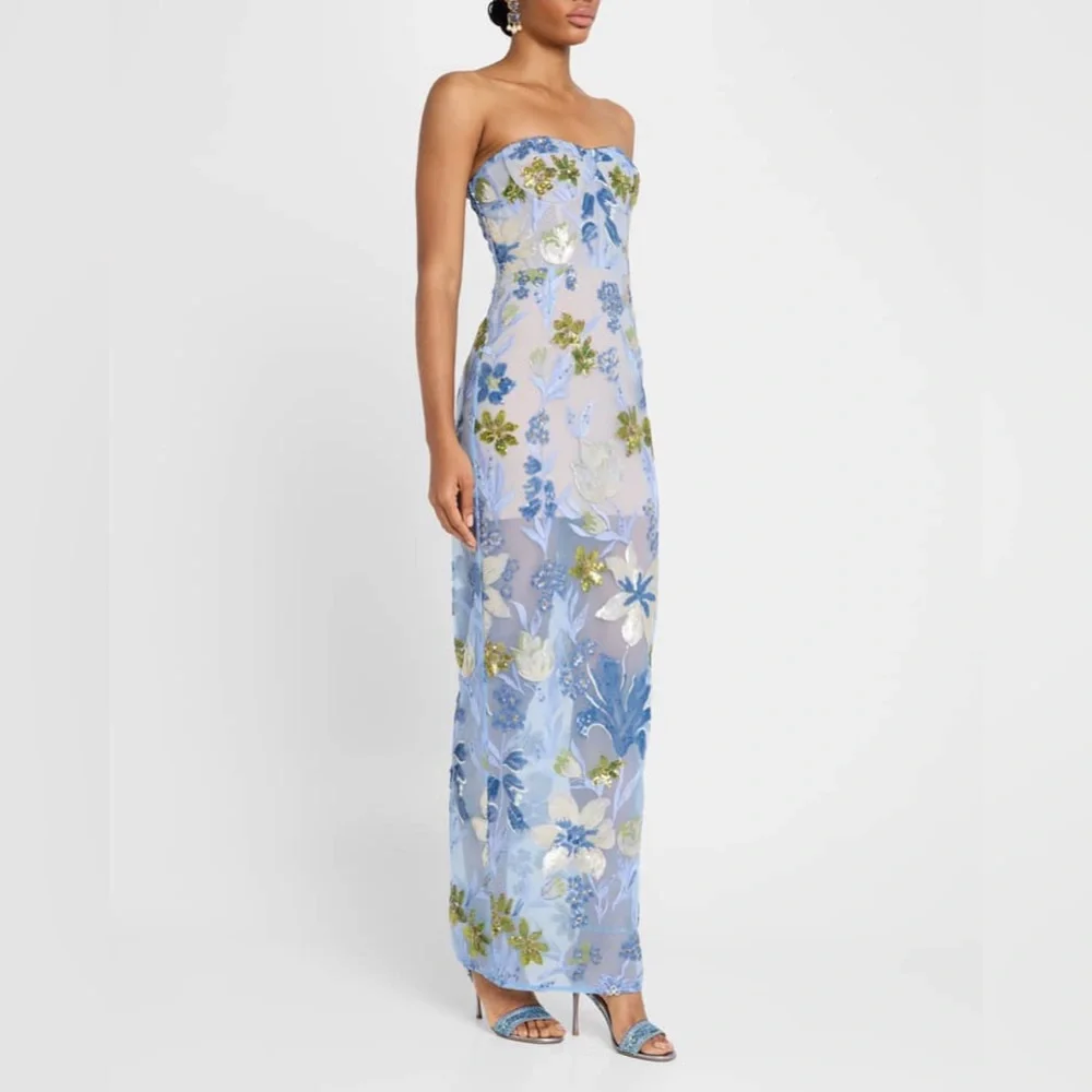 NWOT Bronx and Banco Dahlia Sequin Floral Column Gown IN Baby Blue - Picture 6 of 16